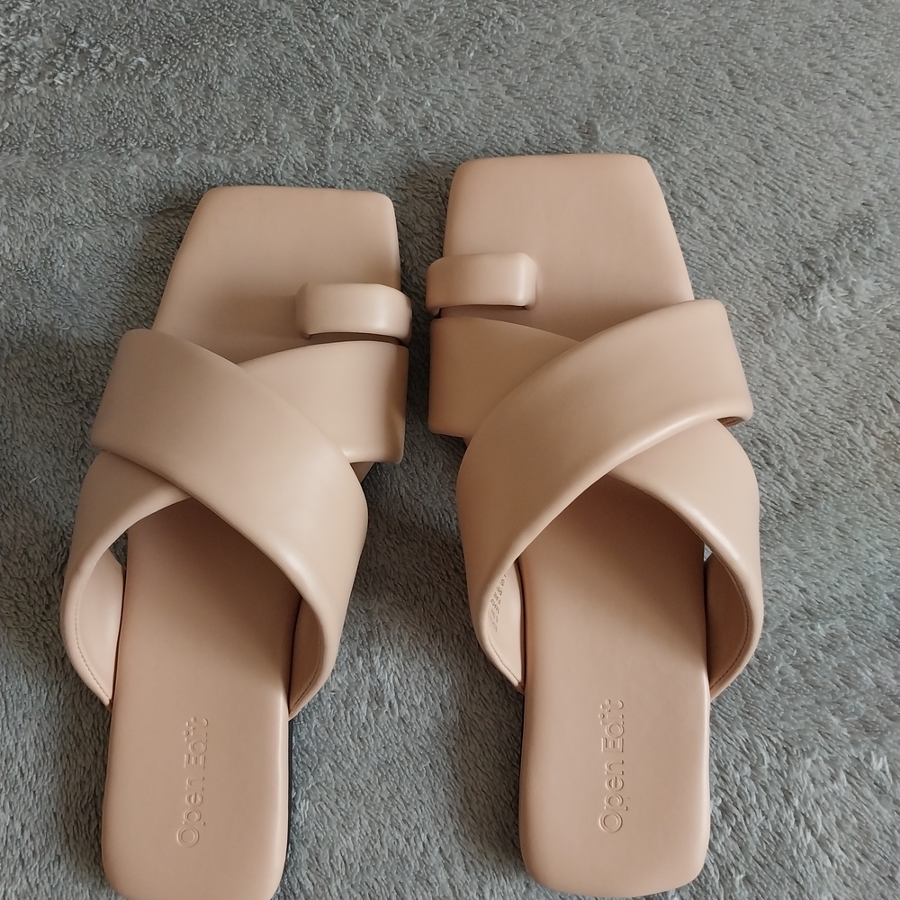 Open Edit Beige Crisscross Square-Toe Slide Mules